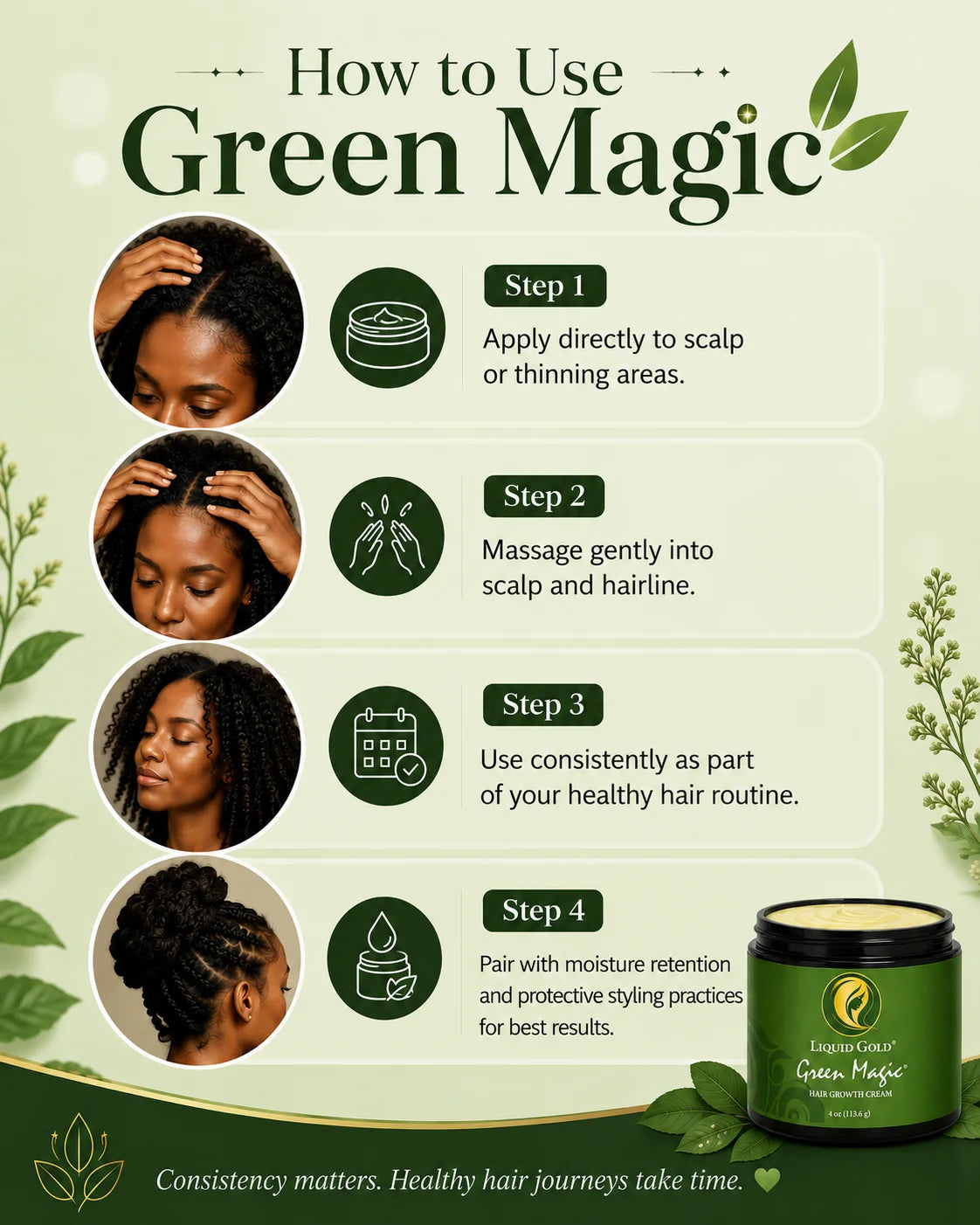 Liquid Gold Green Magic Hair Growth Cream – Organic Scalp Care & Hair Thickening Formula for Edges, Crown & Thinning Hair