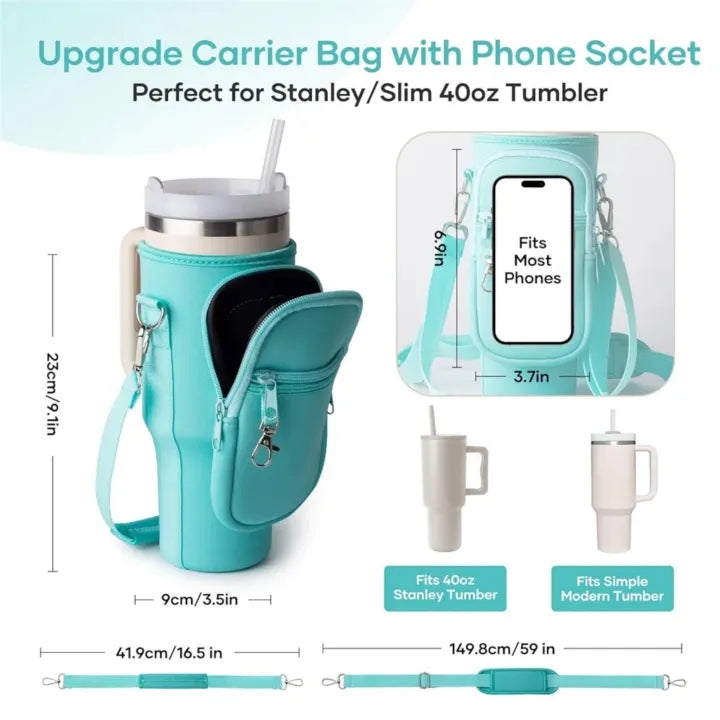 Water Bottle Carrier Quencher Cup Sleeve/Water Bottle Carrier Bag with Phone Pocket for Stanley 40 oz Tumbler Neoprene Water Bottle Holder Pouch with Adjustable Strap Bollus with Carabiner