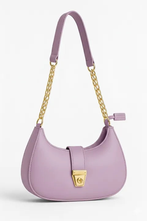 Trendy Faux Leather Crescent Bag – Gold Chain & Turn-Lock