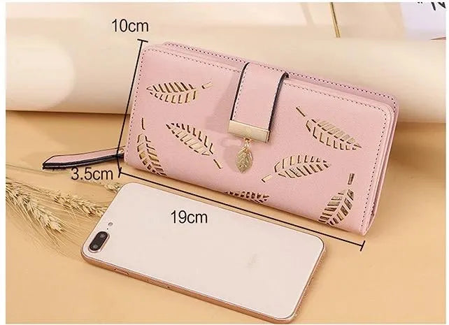 Purse for Women – All-Season PU Leather Long Hasp Fold-Over Clutch with Hollow Leaf Pattern & Coin Pocke