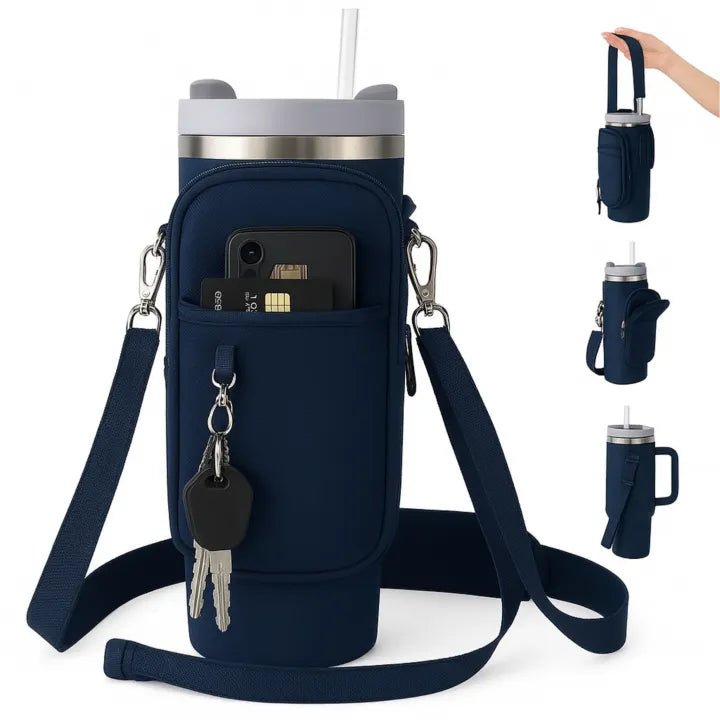 Water Bottle Carrier Quencher Cup Sleeve/Water Bottle Carrier Bag with Phone Pocket for Stanley 40 oz Tumbler Neoprene Water Bottle Holder Pouch with Adjustable Strap Bollus with Carabiner