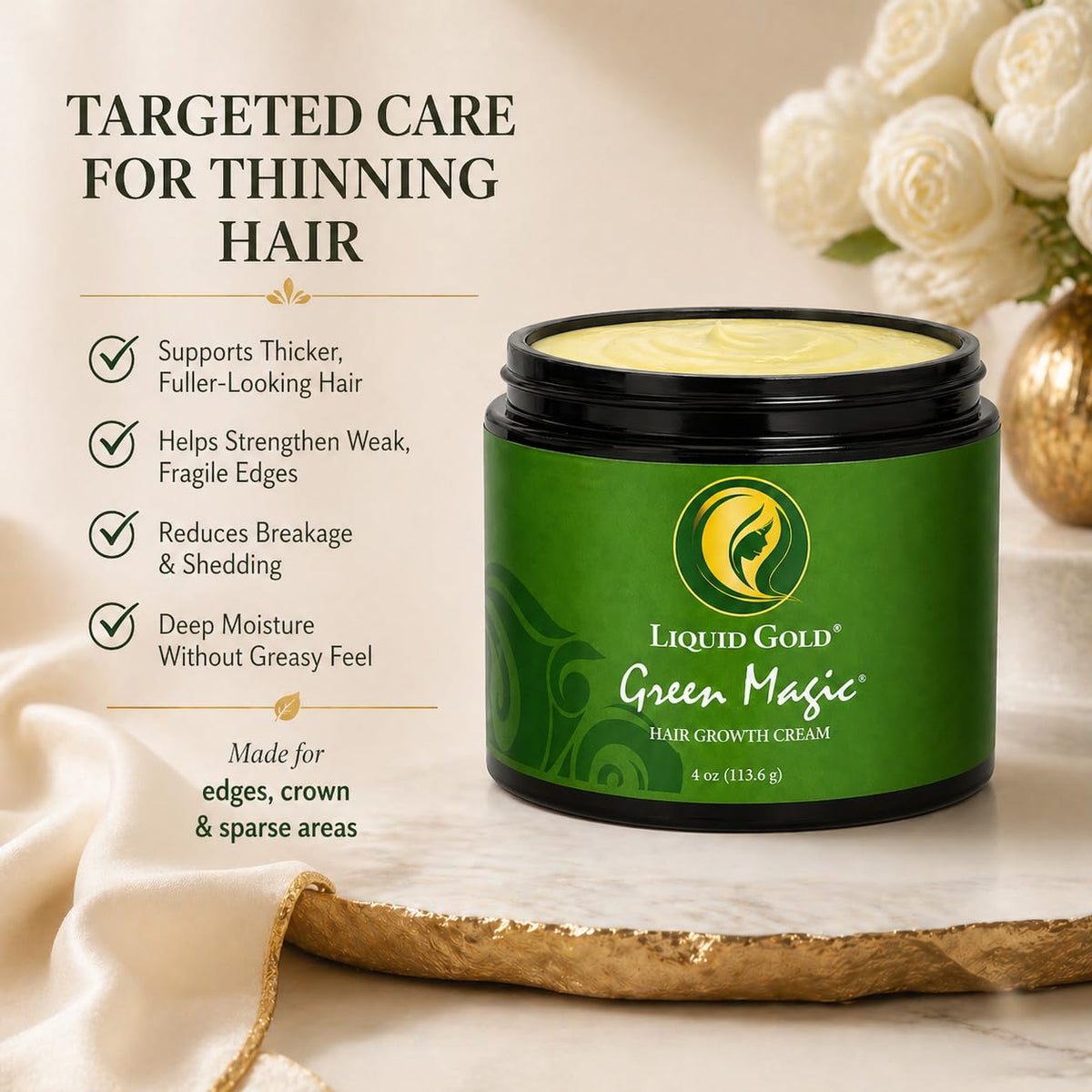 Liquid Gold Green Magic Hair Growth Cream – Organic Scalp Care & Hair Thickening Formula for Edges, Crown & Thinning Hair