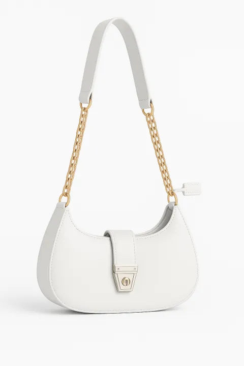 Trendy Faux Leather Crescent Bag – Gold Chain & Turn-Lock