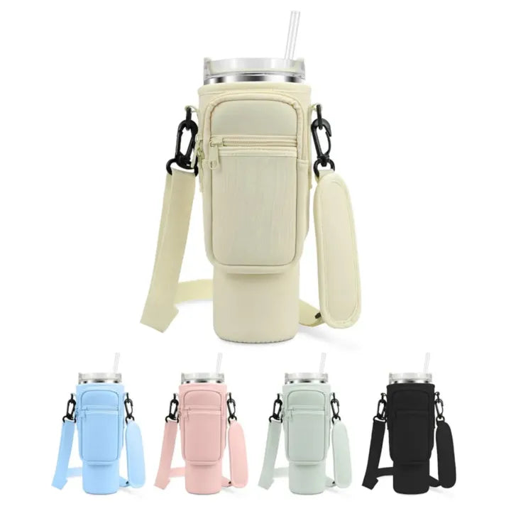 Water Bottle Carrier Quencher Cup Sleeve/Water Bottle Carrier Bag with Phone Pocket for Stanley 40 oz Tumbler Neoprene Water Bottle Holder Pouch with Adjustable Strap Bollus with Carabiner