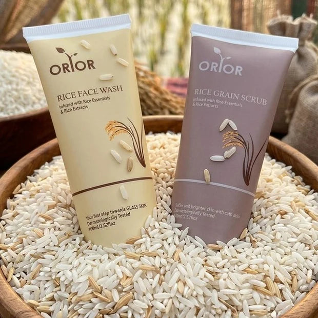Orior Rice Face Wash & Rice Grain Scrub Duo | Glass Skin Infused with Rice Essentials & Extract