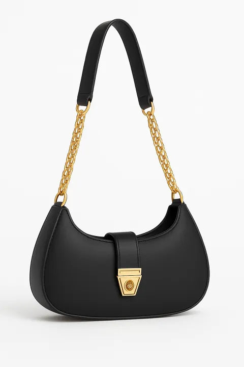 Trendy Faux Leather Crescent Bag – Gold Chain & Turn-Lock