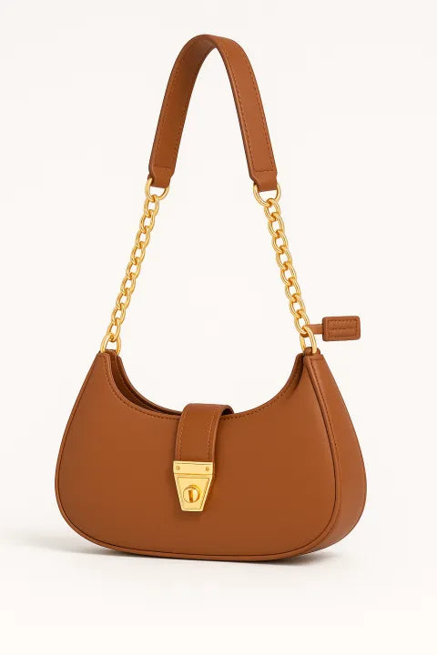 Trendy Faux Leather Crescent Bag – Gold Chain & Turn-Lock
