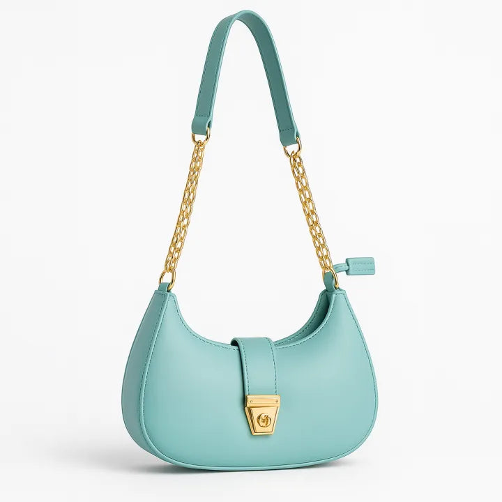 Trendy Faux Leather Crescent Bag – Gold Chain & Turn-Lock