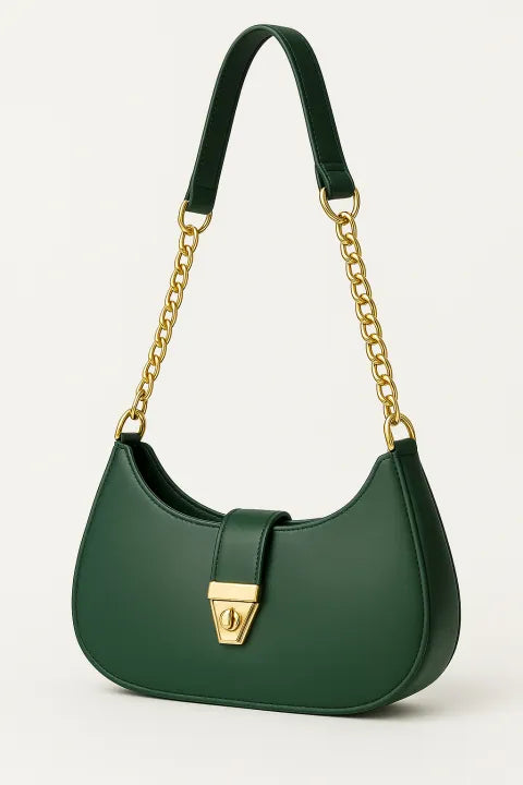 Trendy Faux Leather Crescent Bag – Gold Chain & Turn-Lock