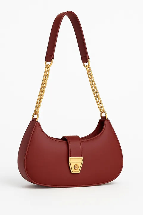 Trendy Faux Leather Crescent Bag – Gold Chain & Turn-Lock
