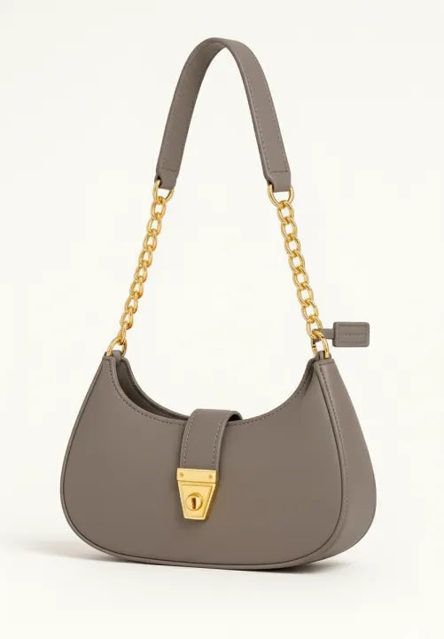 Trendy Faux Leather Crescent Bag – Gold Chain & Turn-Lock