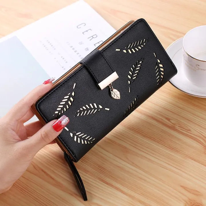 Purse for Women – All-Season PU Leather Long Hasp Fold-Over Clutch with Hollow Leaf Pattern & Coin Pocke