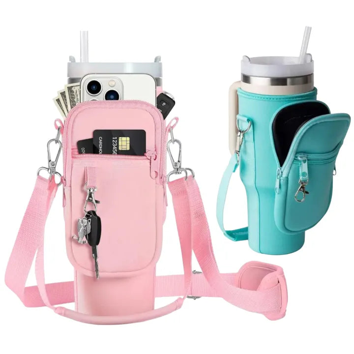 Water Bottle Carrier Quencher Cup Sleeve/Water Bottle Carrier Bag with Phone Pocket for Stanley 40 oz Tumbler Neoprene Water Bottle Holder Pouch with Adjustable Strap Bollus with Carabiner