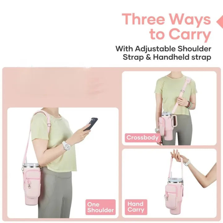 Water Bottle Carrier Quencher Cup Sleeve/Water Bottle Carrier Bag with Phone Pocket for Stanley 40 oz Tumbler Neoprene Water Bottle Holder Pouch with Adjustable Strap Bollus with Carabiner