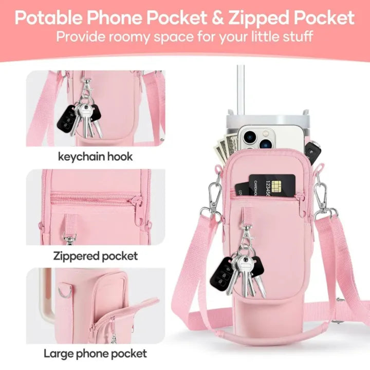 Water Bottle Carrier Quencher Cup Sleeve/Water Bottle Carrier Bag with Phone Pocket for Stanley 40 oz Tumbler Neoprene Water Bottle Holder Pouch with Adjustable Strap Bollus with Carabiner