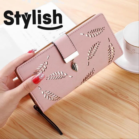 Purse for Women – All-Season PU Leather Long Hasp Fold-Over Clutch with Hollow Leaf Pattern & Coin Pocke