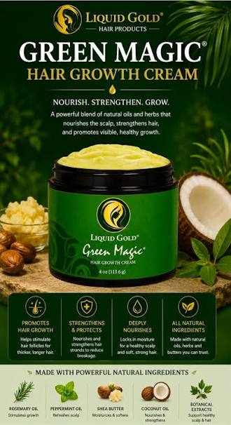Liquid Gold Green Magic Hair Growth Cream – Organic Scalp Care & Hair Thickening Formula for Edges, Crown & Thinning Hair