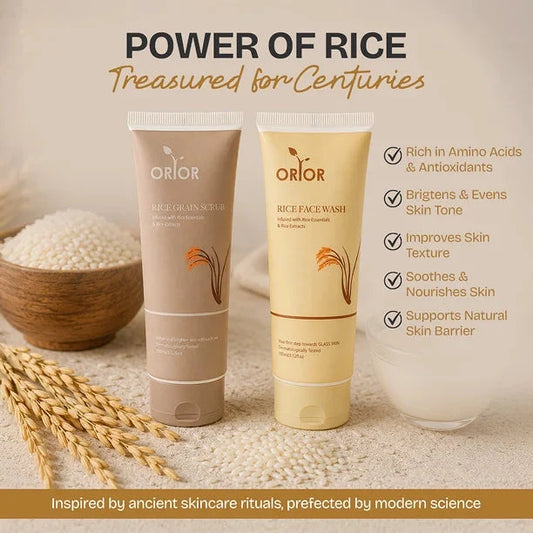Orior Rice Face Wash & Rice Grain Scrub Duo | Glass Skin Infused with Rice Essentials & Extract